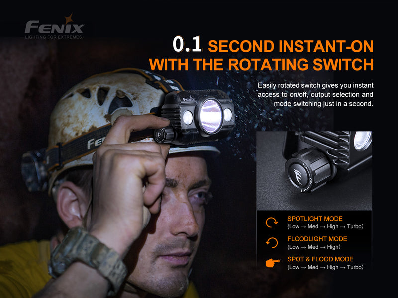 Fenix HP30R V2.0 Rechargeable Headlamps with 3000 lumens maximum output with .10 seconds instant on with the rotating switch.