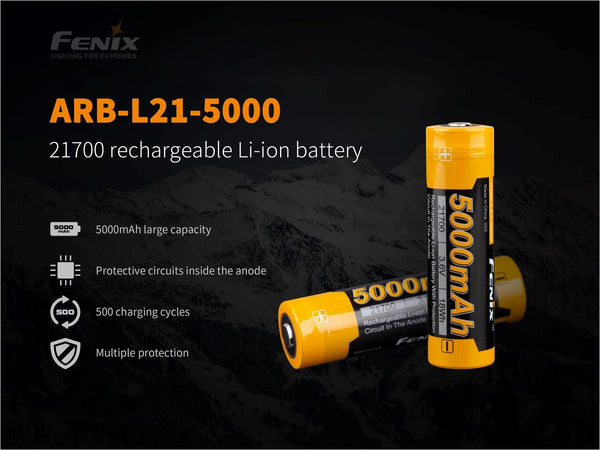 Fenix L21 5000 21700 rechargeable Li ion battery.
