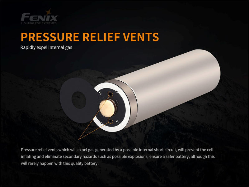 Fenix L21 5000 21700 rechargeable Li ion battery with pressure relief vents.