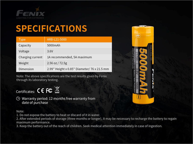 Fenix L21 5000 21700 rechargeable Li ion battery with specifications.