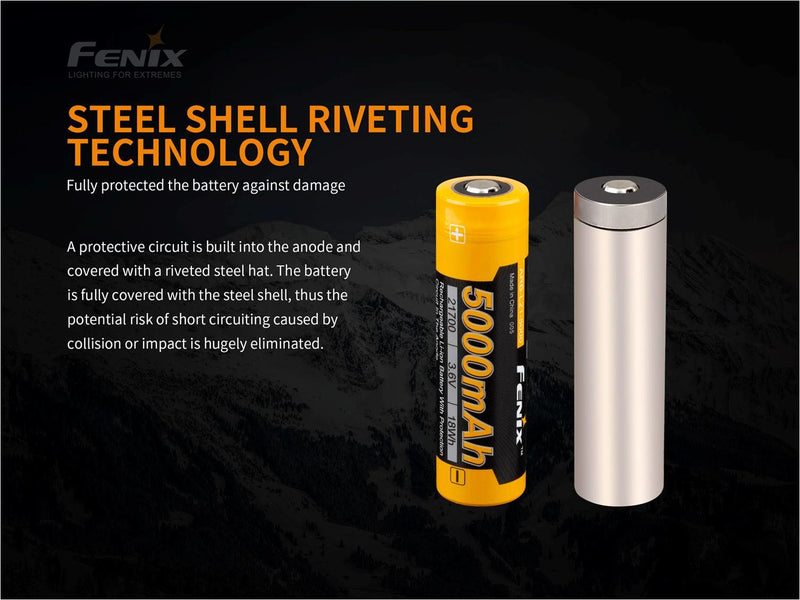 Fenix L21 5000 21700 rechargeable Li ion battery with steel riveting technology.