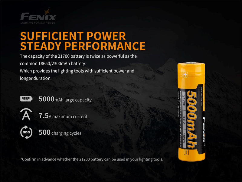 Fenix L21 5000 21700 rechargeable Li ion battery with sufficient power steady performance.