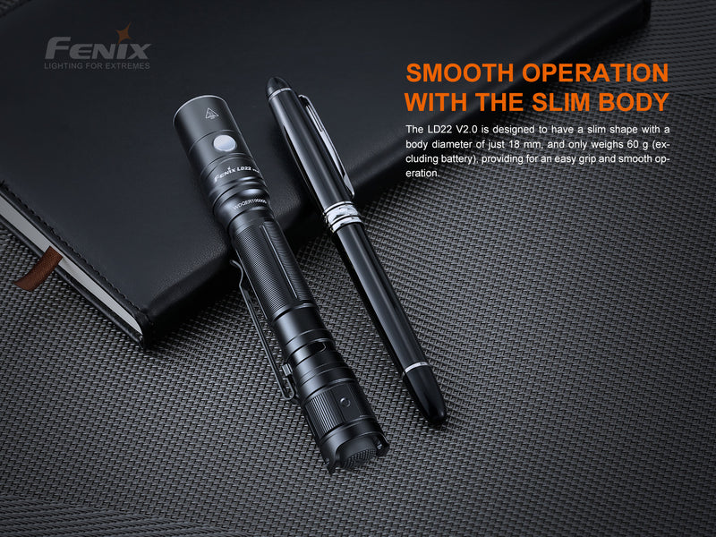 Fenix LD22 V2.0 800 lumens Multipurpose Outdoor Flashlight with smooth operation with slim body.