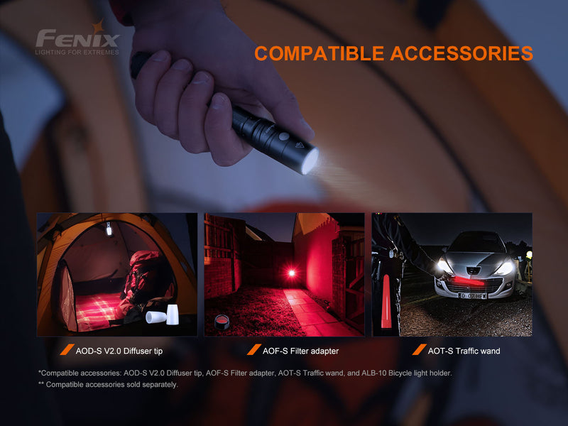 Fenix LD22 V2.0 800 lumens Multipurpose Outdoor Flashlight with compatible accessories.