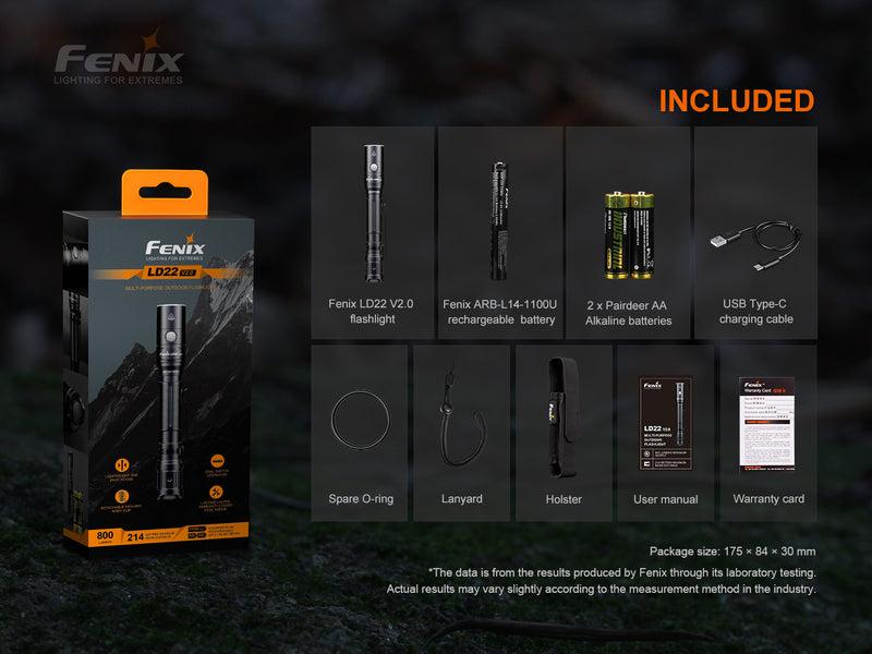 Fenix LD22 V2.0 800 lumens Multipurpose Outdoor Flashlight with accessories included.