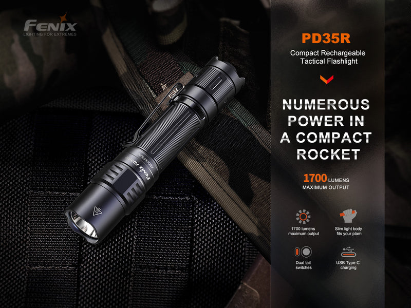 Fenix PD35R Compact Rechargeable Tactical Flashlight with numerous power in a compact rocket
