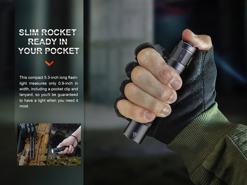 Fenix PD35R Compact Rechargeable Tactical Flashlight with slim rocket in your pocket