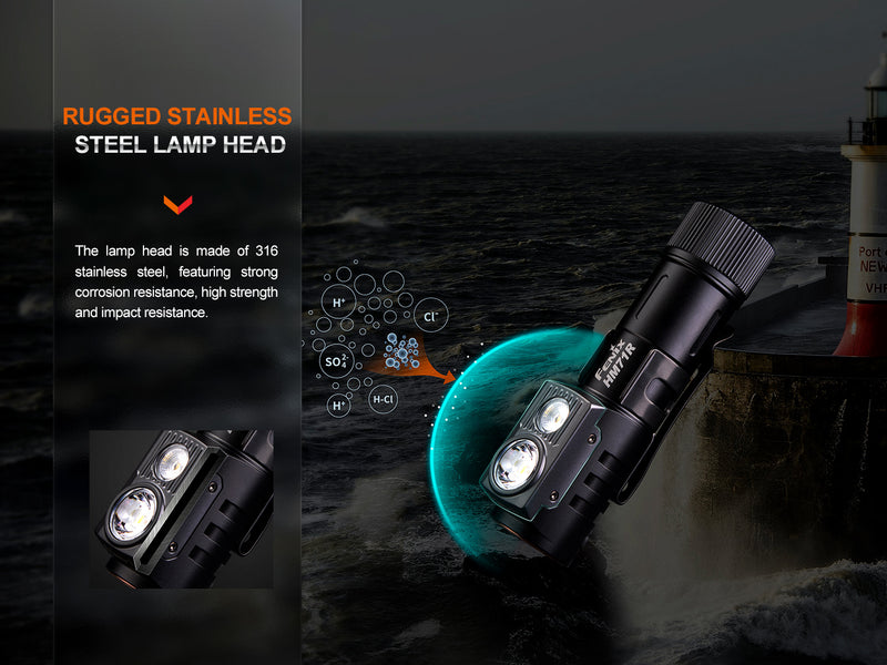 Fenix HM71R High Performance Rechargeable Industrial 21700 Powered Headlamp - 2700 lumens with rugged stainless steel lamp head.