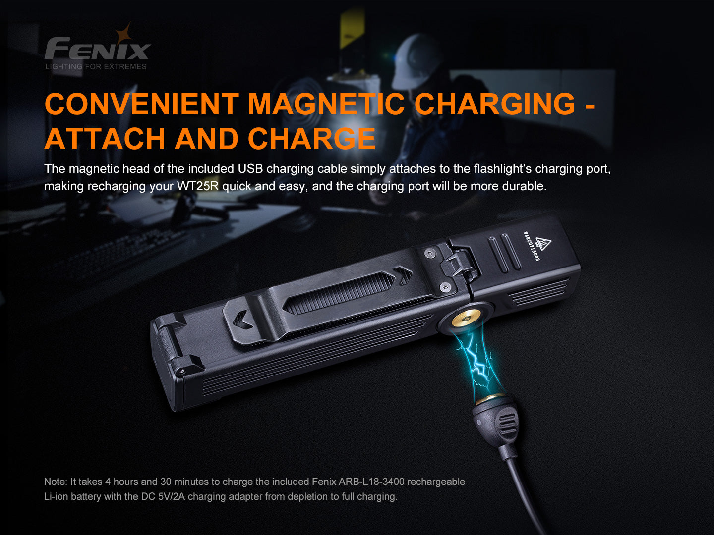 Fenix WT25R Adjustable Head and Magnetic Base Work with Convient Magnetic Charging attach and Charge.
