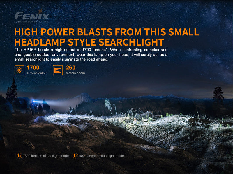 fenix hp16r high performance rechargaeble outdoor headlamp with high power blasts fromthis small headlamp style searchlight