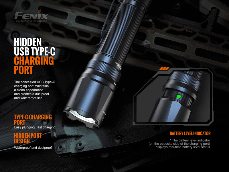 Fenix TK20R V2.0 Rechargeable Dual Rear Switch Multipurpose Flashlight with Hidden USB Type C Charging Port.