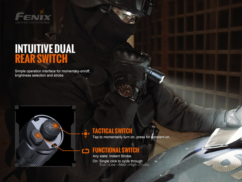 Fenix TK20R V2.0 Rechargeable Dual Rear Switch Multipurpose Flashlight with Intuitive Dual Rear Switch.