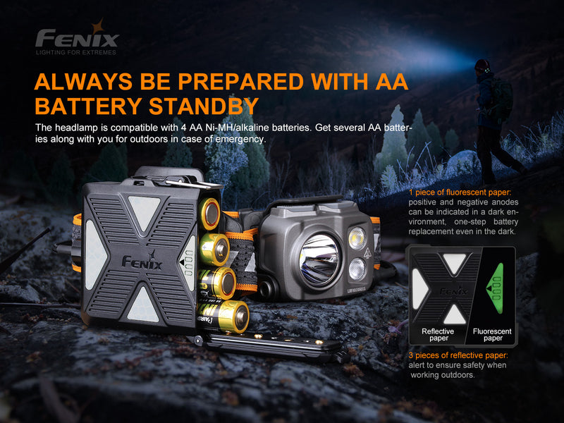 fenix hp16r high performance rechargaeble outdoor headlamp with always be prepred with a AA battery standby