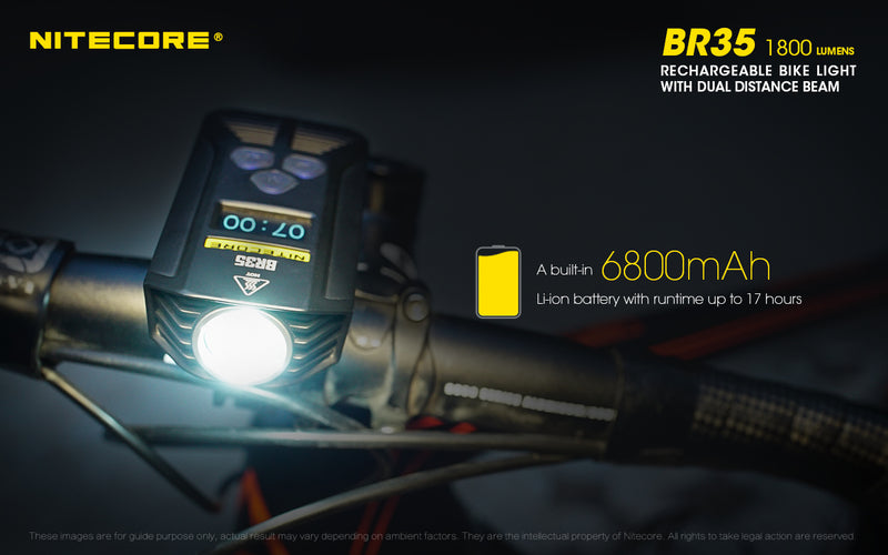 Nitecore BR35 1800 lumens Rechargeable Bike Light with Dual Distance Beam with a built in 6800 mah li-ion battery with run time up to 17 hours.