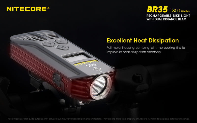 Nitecore BR35 1800 lumens Rechargeable Bike Light with Dual Distance Beam with excellent heat dissipation.