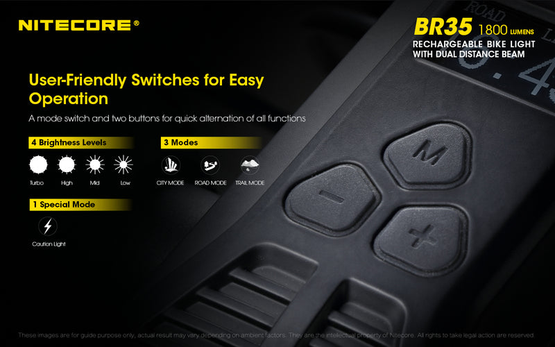 Products Nitecore BR35 Rechargeable Bike Light with user friendly switches for easy operation.
