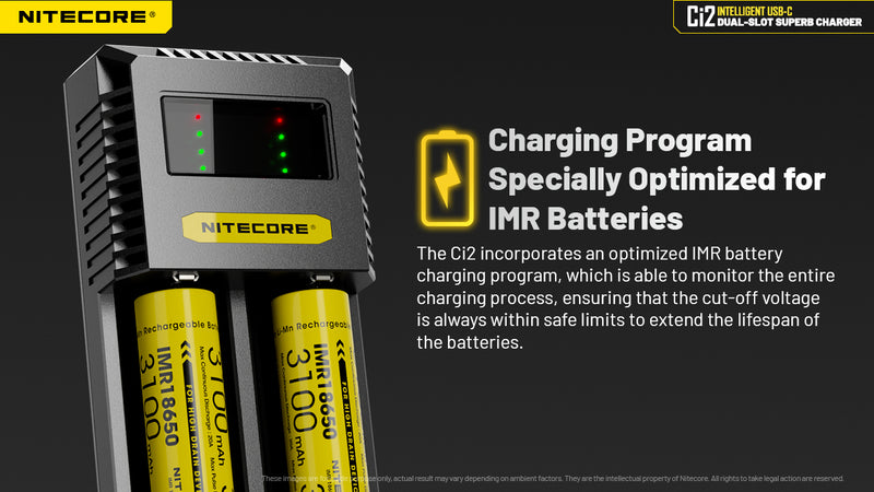 Nitecore Ci2 Intelligent USB C Dual Slot Charger with charging Program Specially Optimized for IMR Batteries.