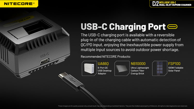 Nitecore Ci2 Intelligent USB C Dual Slot Charger with USB C Charging Port.