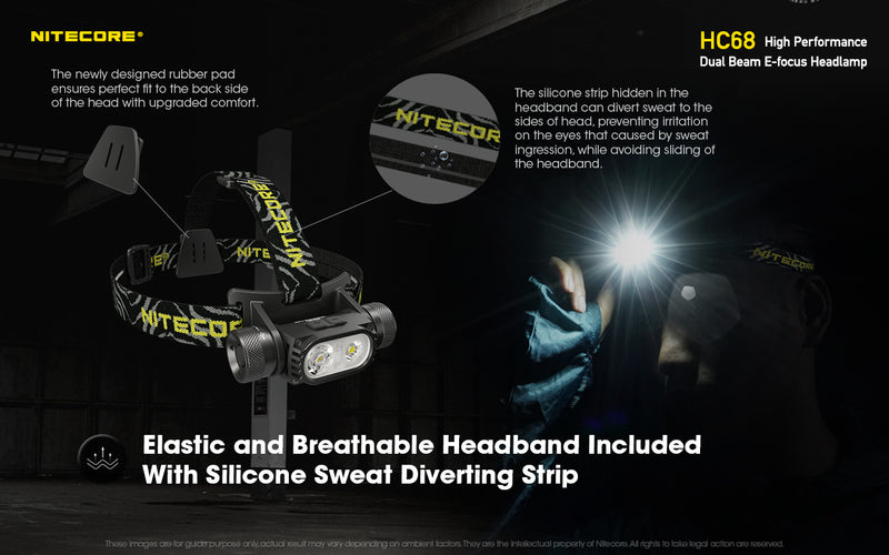 Nitecore HC68 High Performance Dual Beam E-focus Headlamp with elastic and breathable headband included.