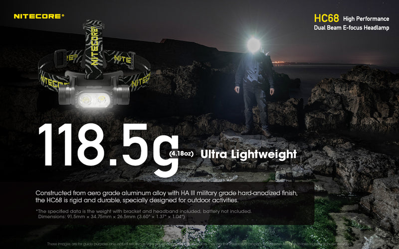 Nitecore HC68 High Performance Dual Beam E-focus Headlamp with 118.5 g ultra lightweight.