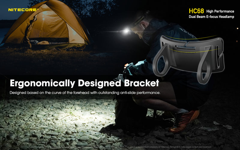 Nitecore HC68 High Performance Dual Beam E-focus Headlamp with ergonomically designed bracket.