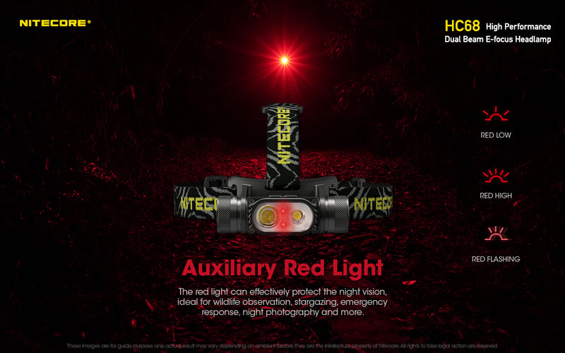 Nitecore HC68 High Performance Dual Beam E-focus Headlamp with auxiliary red light.