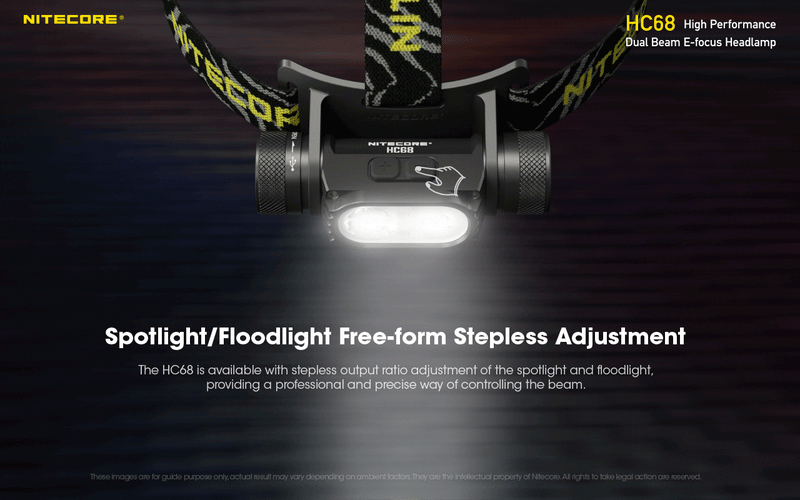 Nitecore HC68 High Performance Dual Beam E-focus Headlamp with spotlight and floodlight free form stepless adjustment.