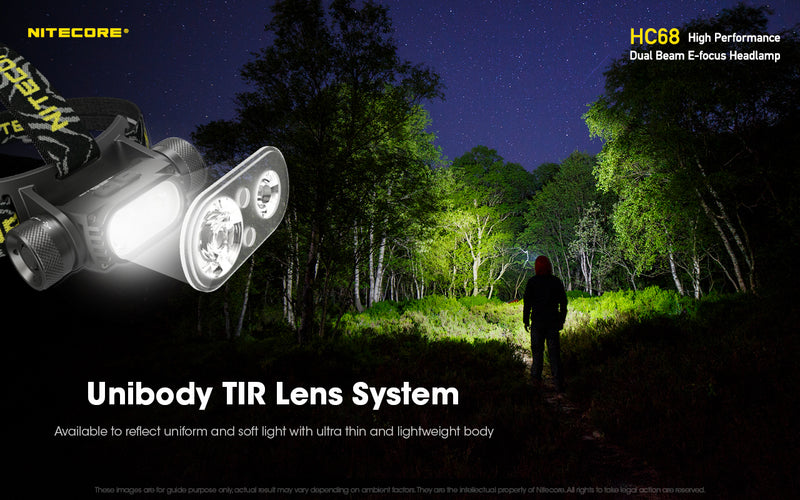 Nitecore HC68 High Performance Dual Beam E-focus Headlamp with unibody TIR lens systems.