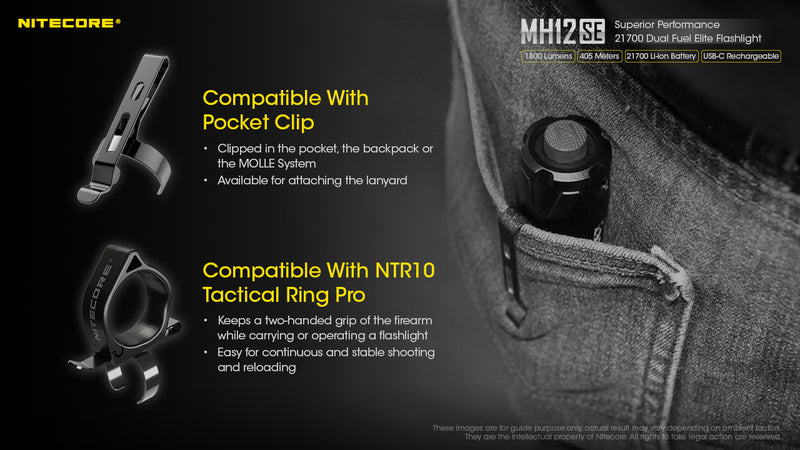 Nitecore MH12SE Superior Performance 21700 Dual Fuel Elite Flashlight. with compatible pocket clip.