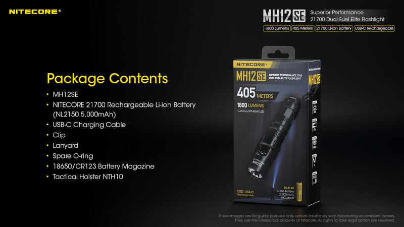 Nitecore MH12SE Superior Performance 21700 Dual Fuel Elite Flashlight. with accessories.