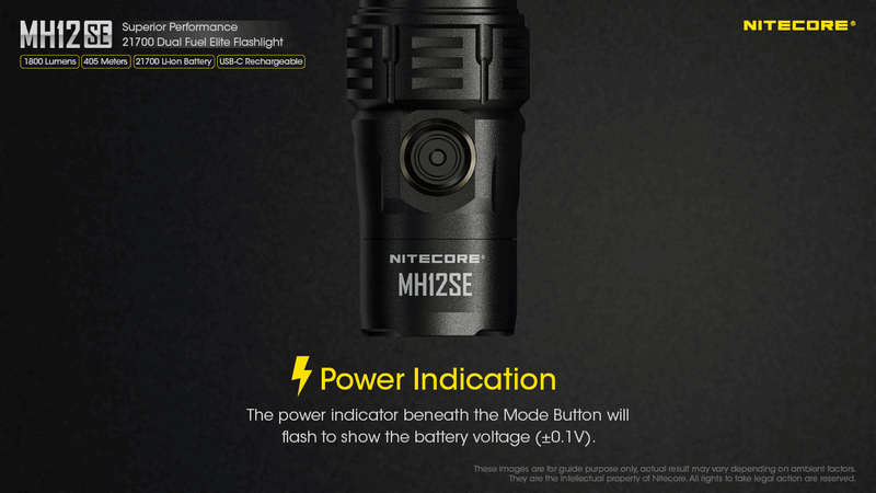 Nitecore MH12SE Superior Performance 21700 Dual Fuel Elite Flashlight. with power indication.
