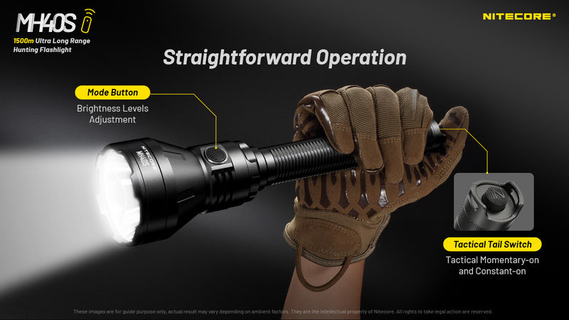 Nitecore MH40S 1500 meter Ultra Long Range Hunting Flashlight with straight for ward operation.