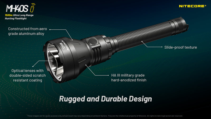 Nitecore MH40S 1500 meters Ultra Long Range Hunting Flashlight with rugged and durable design.