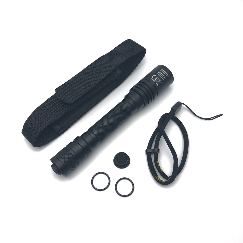 Nitecore MT21A Ultra Long Range led flashlight using 2 x AA batteries with holster