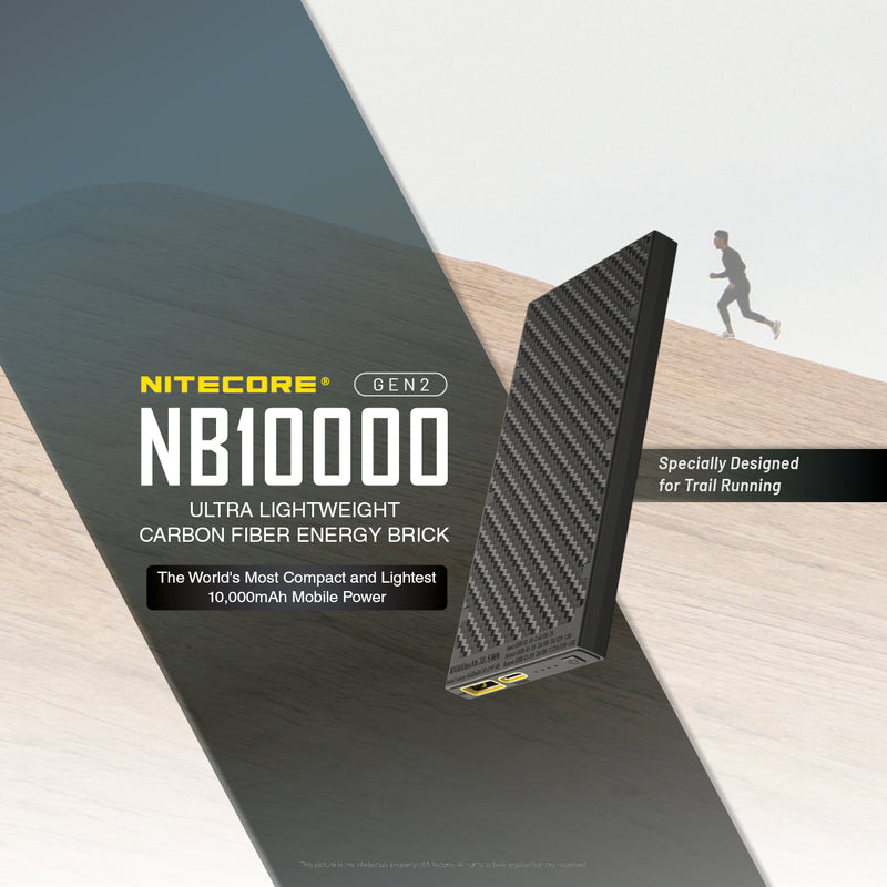 Nitecore GEN2 NB10000 ultralight weight carbon fiber energy brick.