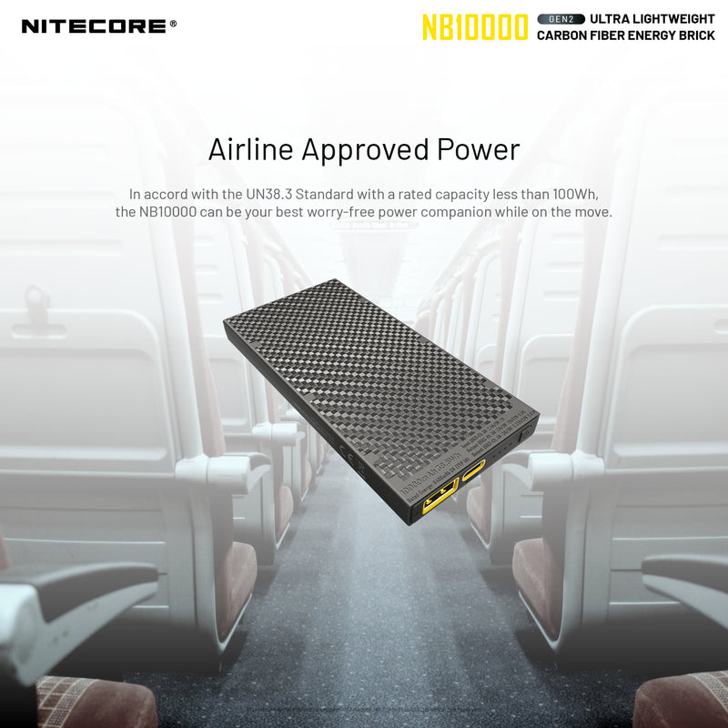 Nitecore GEN2 NB10000 ultralight weight carbon fiber energy brick with airline approved power.