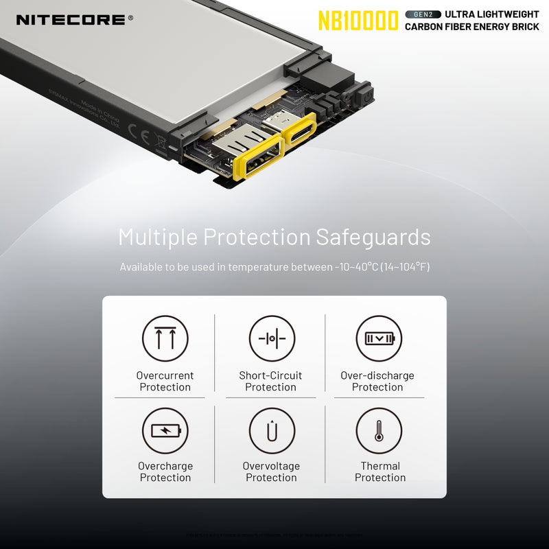 Nitecore GEN2 NB10000 ultralight weight carbon fiber energy brick with multiple Protection Safeguards.f