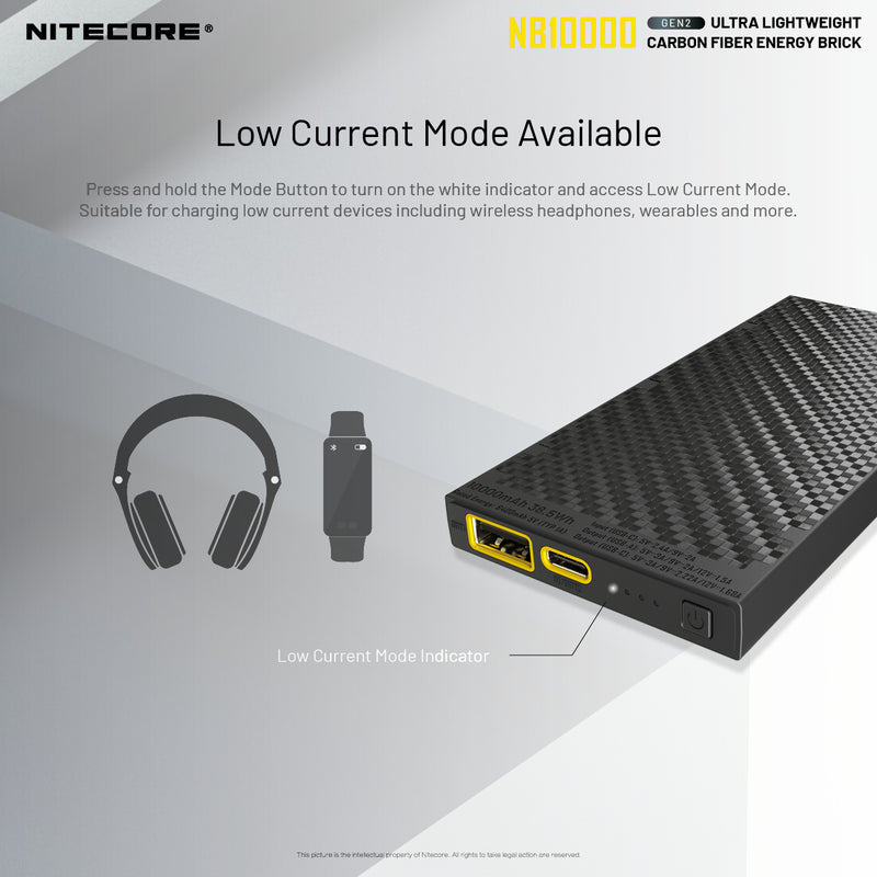 Nitecore GEN2 NB10000 ultra lightweight carbon fiber energy brick with low current mode available.