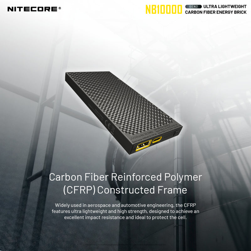 Nitecore GEN2 NB10000 ultralight weight carbon fiber energy brick with carbon fiber reinforced polymer constructed frame.