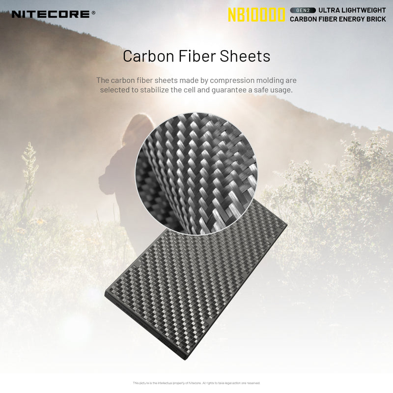 Nitecore GEN2 NB10000 ultralight weight carbon fiber energy brick with carbon fiber sheets.f