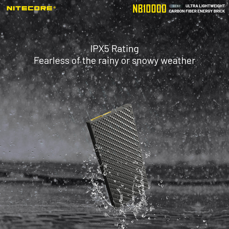 Nitecore GEN2 NB10000 ultralight weight carbon fiber energy brick with IPX5 rating is fearless of the rainy or snowy weather.