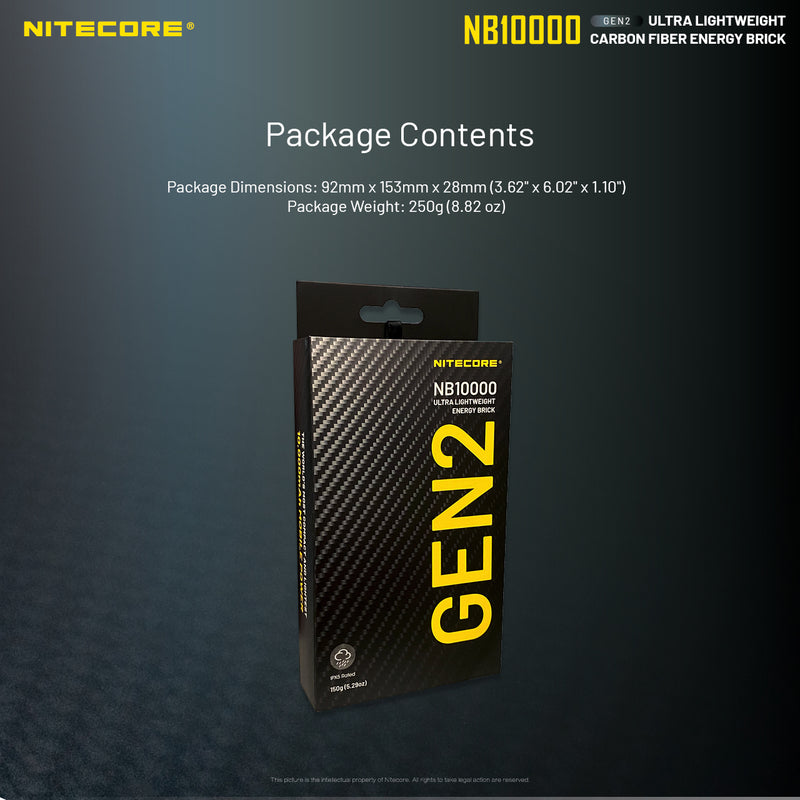 Nitecore GEN2 NB10000 ultralight weight carbon fiber energy brick with package content.