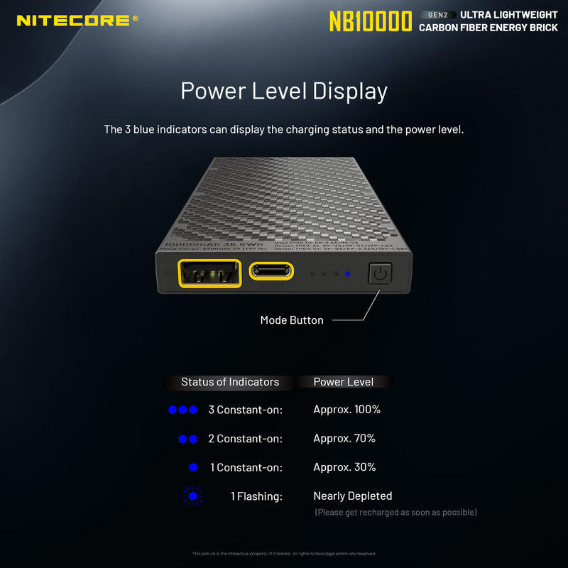 Nitecore GEN2 NB10000 ultra light weight carbon fiber energy brick with power display.