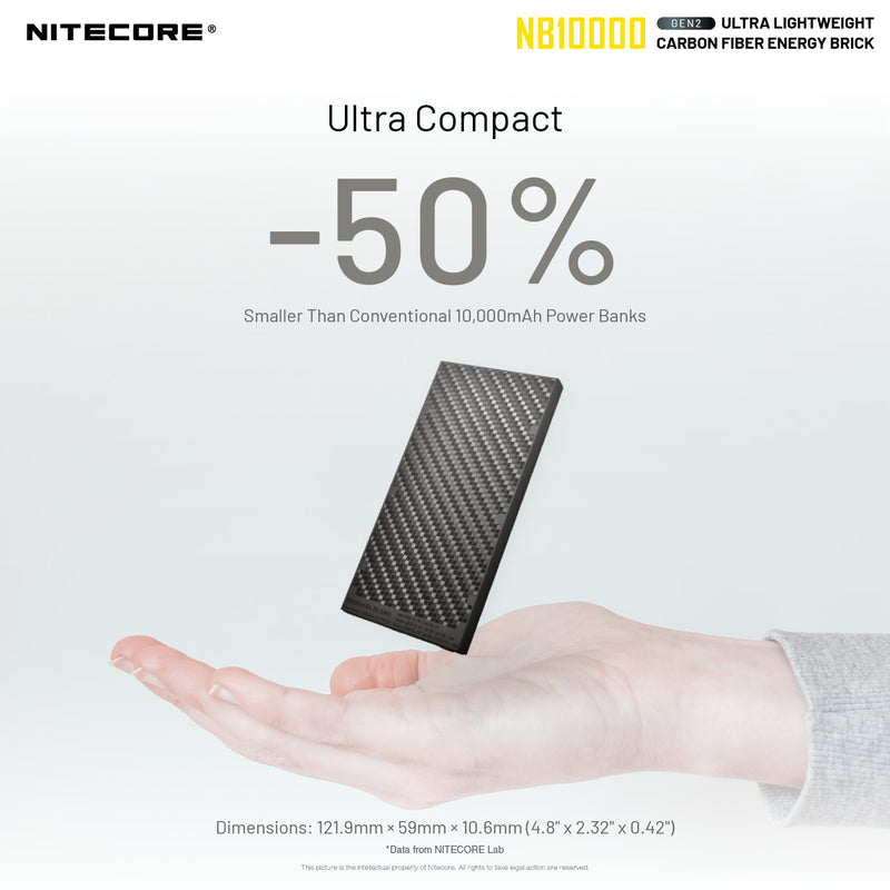 Nitecore GEN2 NB10000 ultra lightweight carbon fiber energy brick is ultra compact.