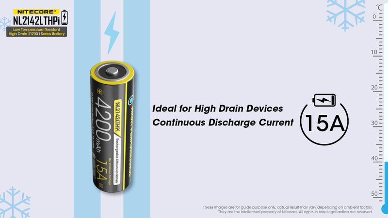 Nitecore NL2142LTHPi low temperature resistant high drain 21700 i series battery is ideal for high drain devices and continuous discharge current.