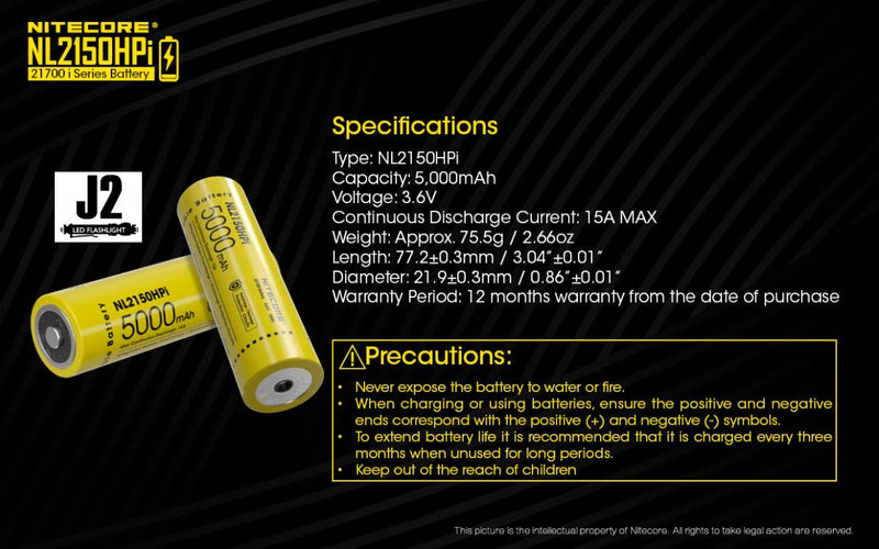 Nitecore NL2150HPi 21700 i Series Battery with specifications.