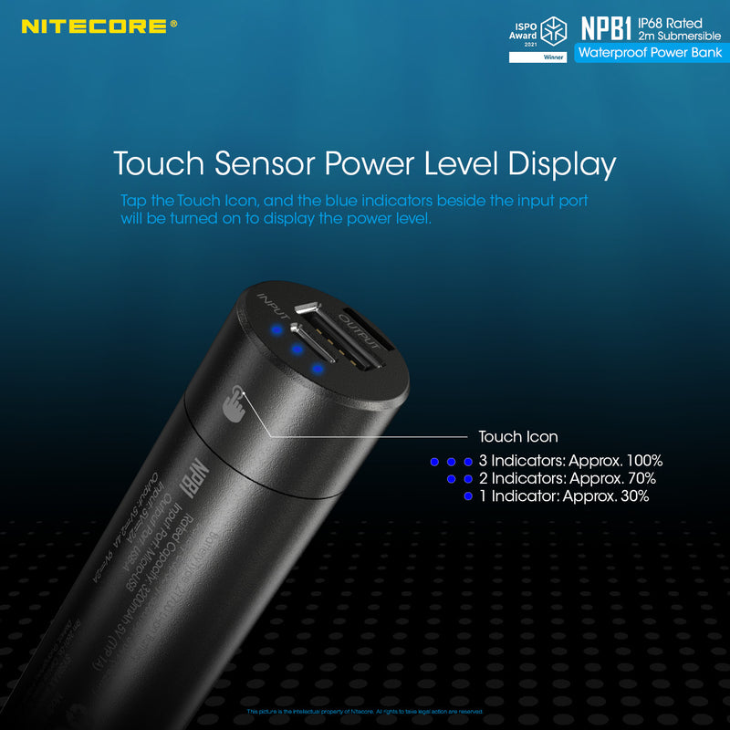 Nitecore NPB1 has a touch sensor power  level display.