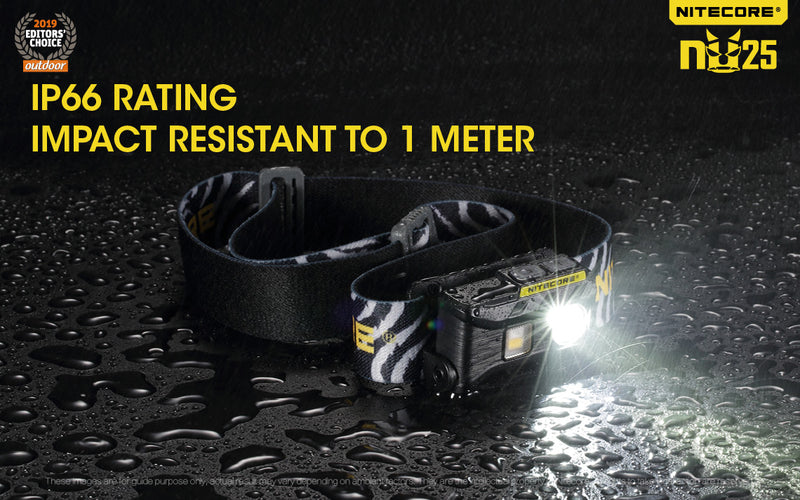 Nitecore NU25 360 Lumens USB Rechargeable Headlamp with iP66 rating Impact Resistant to 1 meter.