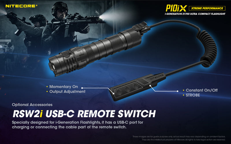Nitecore P1iX i-Generation 21700 Ultra Compact Flashlight with RSW2i USB C Remote Switch.