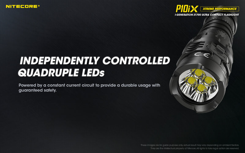Nitecore P1iX i-Generation 21700 Ultra Compact Flashlight with independently controlled quadruple LEDs.